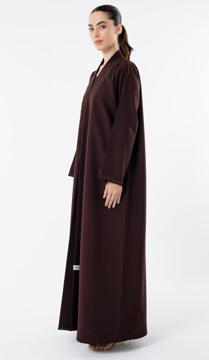 High Neck Brown Abaya With Thread And Bead Detailing