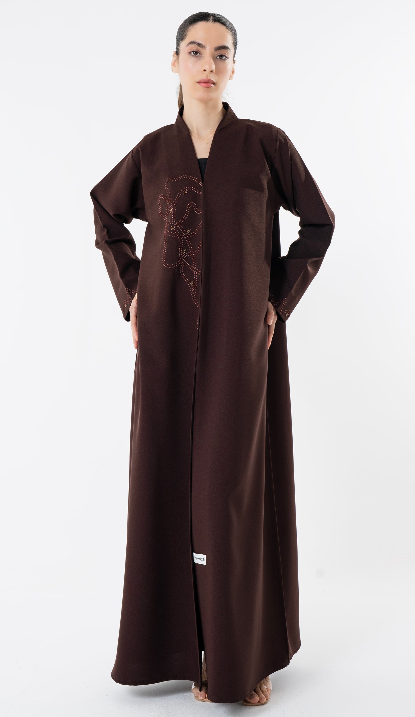High Neck Brown Abaya With Thread And Bead Detailing