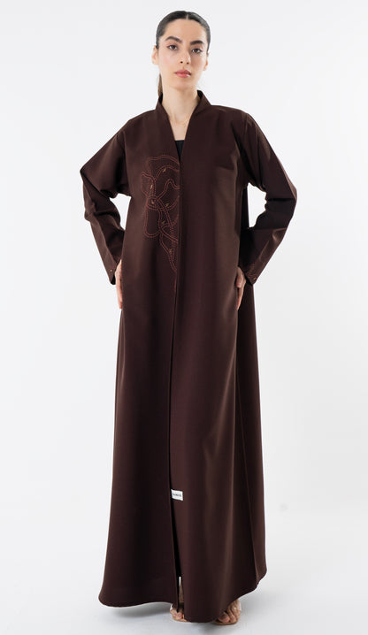 High Neck Brown Abaya With Thread And Bead Detailing
