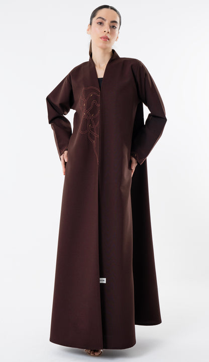 High Neck Brown Abaya With Thread And Bead Detailing