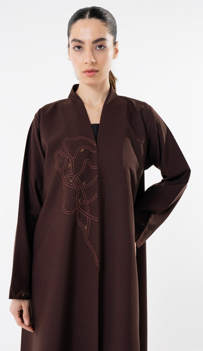 High Neck Brown Abaya With Thread And Bead Detailing