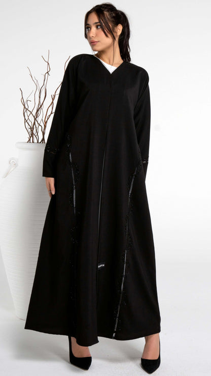 Black abaya with lace pattern with bead embellishment on side and sleeve