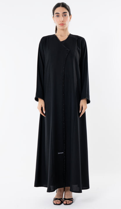 Black Overlap Abaya With Bead Work Detailing On Front And Sleeves