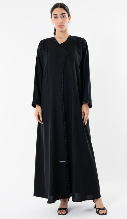 Black Overlap Abaya With Bead Work Detailing On Front And Sleeves