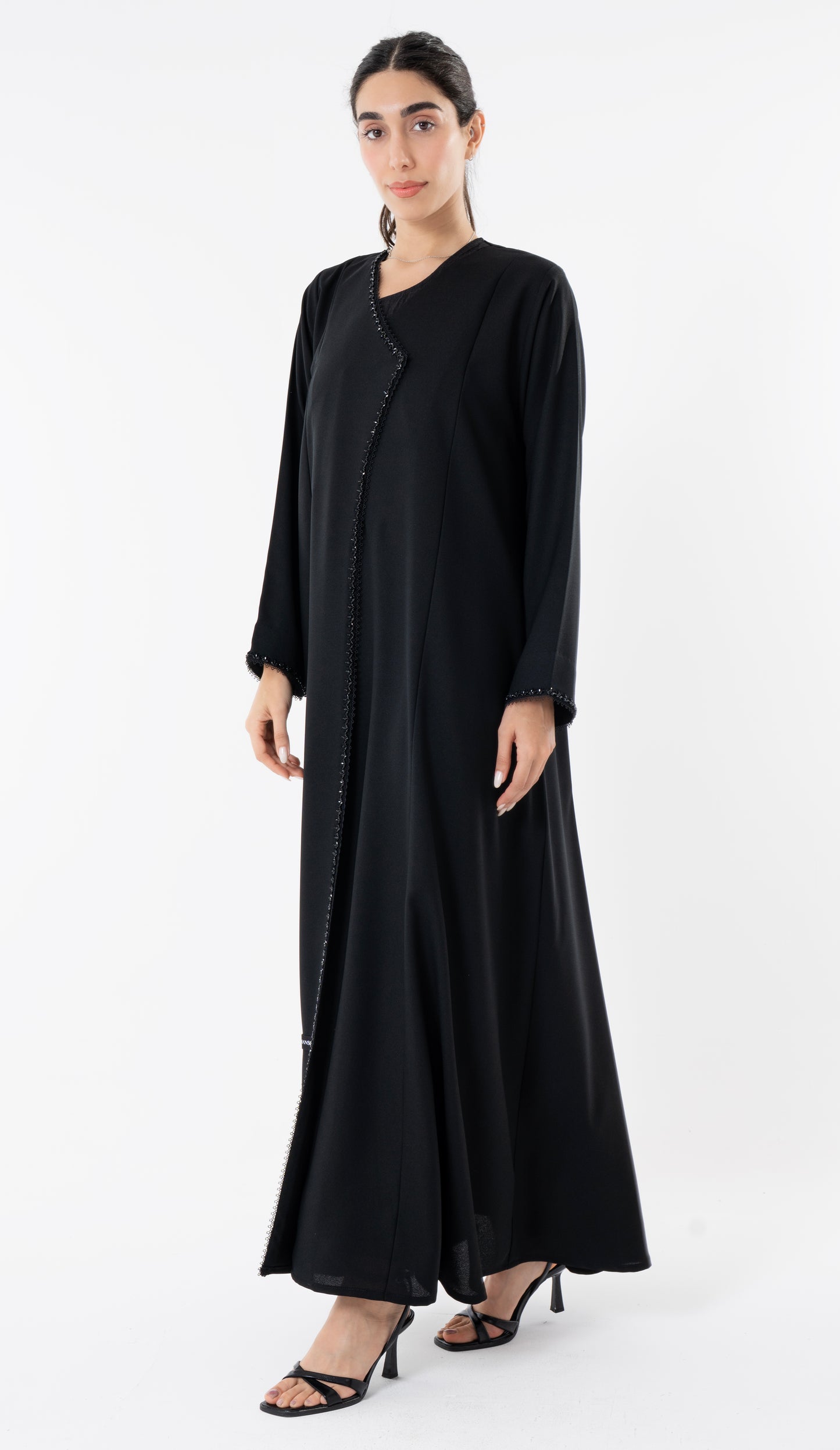 Black Overlap Abaya With Bead Work Detailing On Front And Sleeves