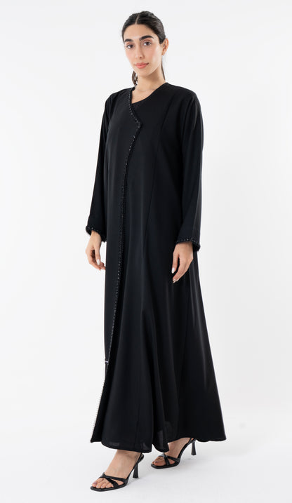 Black Overlap Abaya With Bead Work Detailing On Front And Sleeves