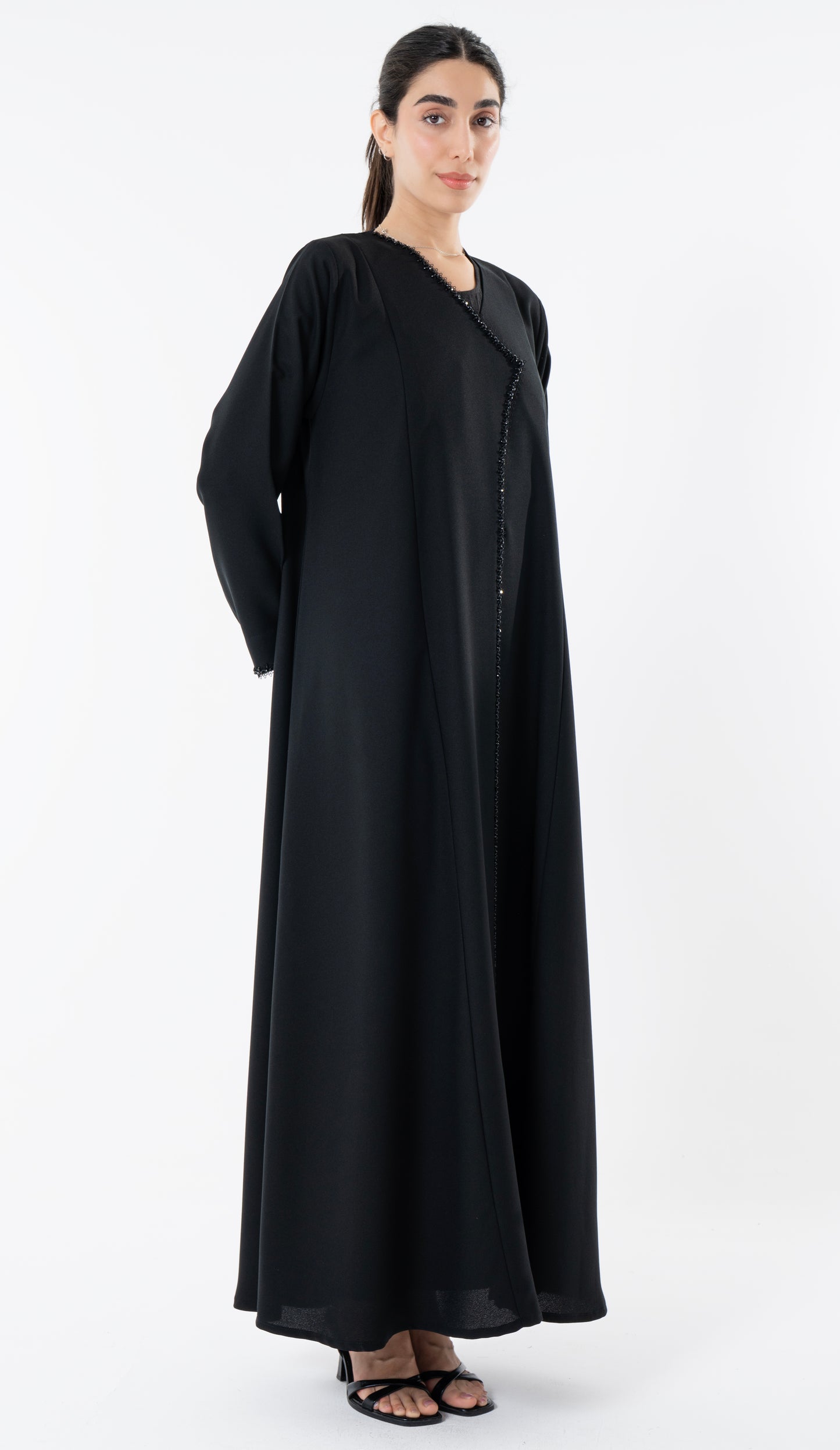 Black Overlap Abaya With Bead Work Detailing On Front And Sleeves