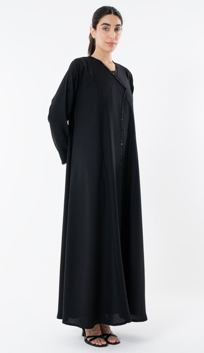 Black Overlap Abaya With Bead Work Detailing On Front And Sleeves