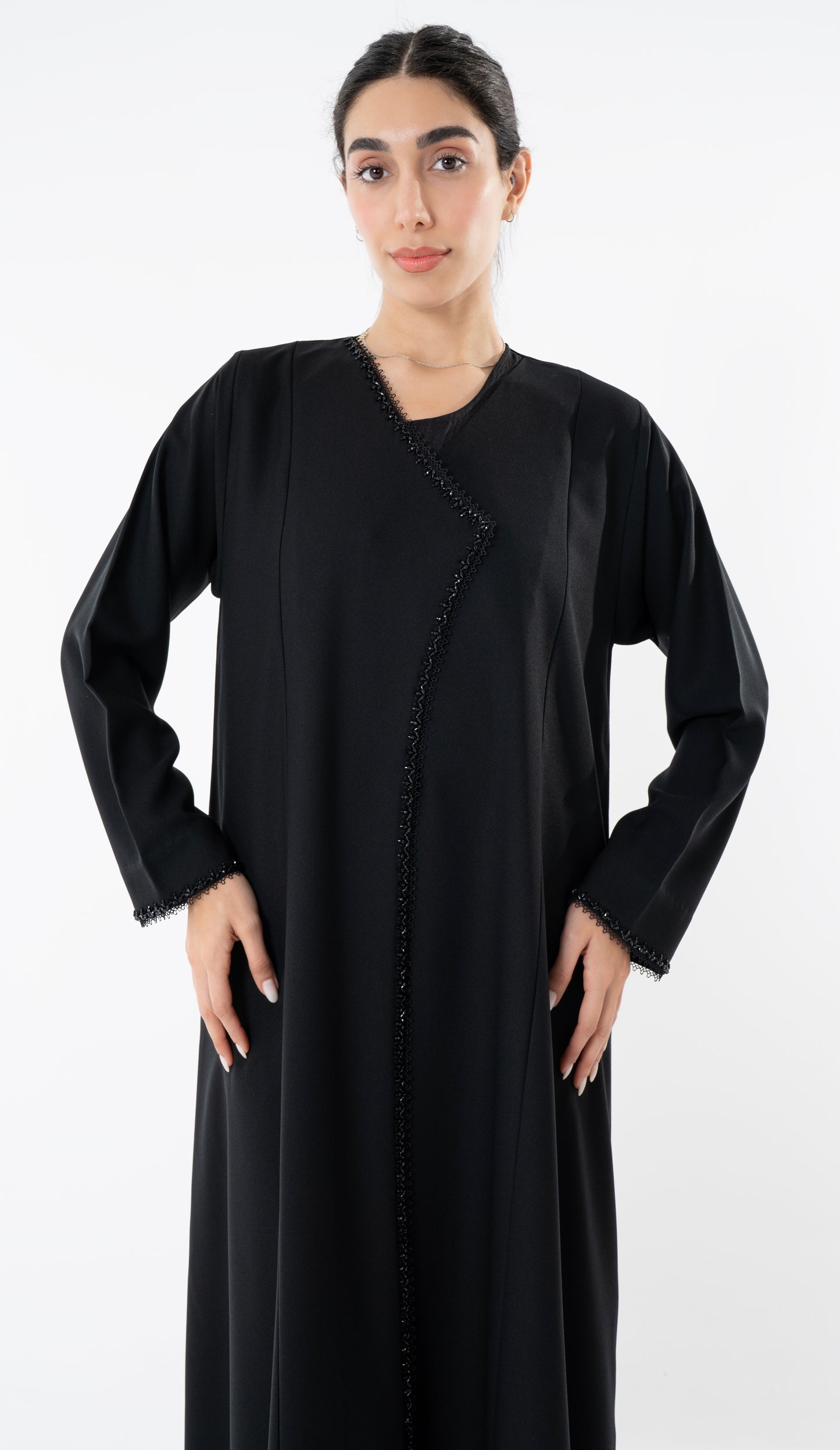 Black Overlap Abaya With Bead Work Detailing On Front And Sleeves