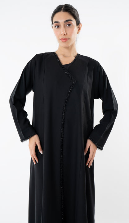 Black Overlap Abaya With Bead Work Detailing On Front And Sleeves