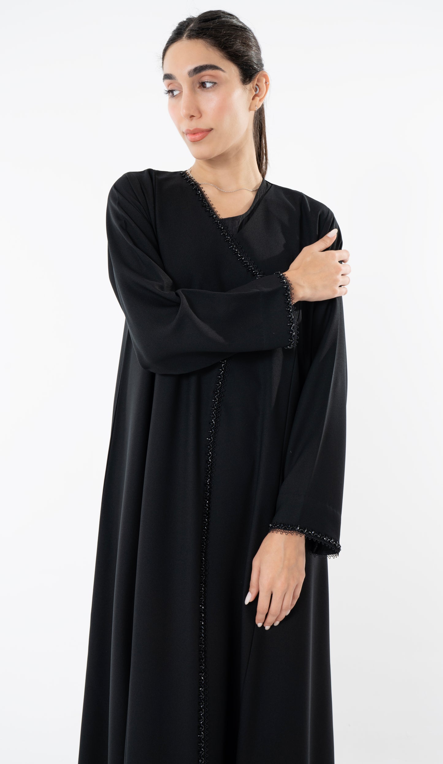 Black Overlap Abaya With Bead Work Detailing On Front And Sleeves