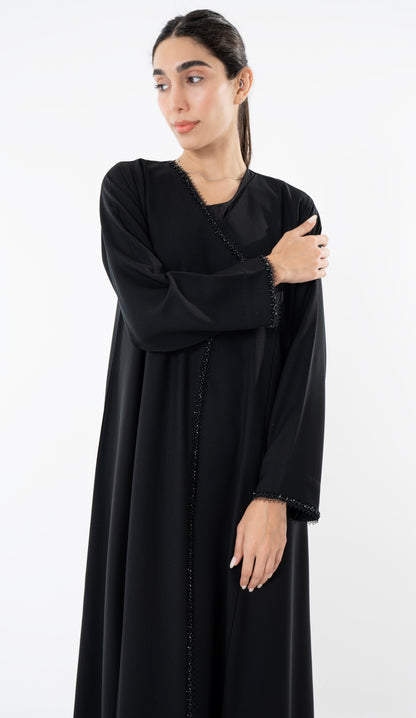 Black Overlap Abaya With Bead Work Detailing On Front And Sleeves