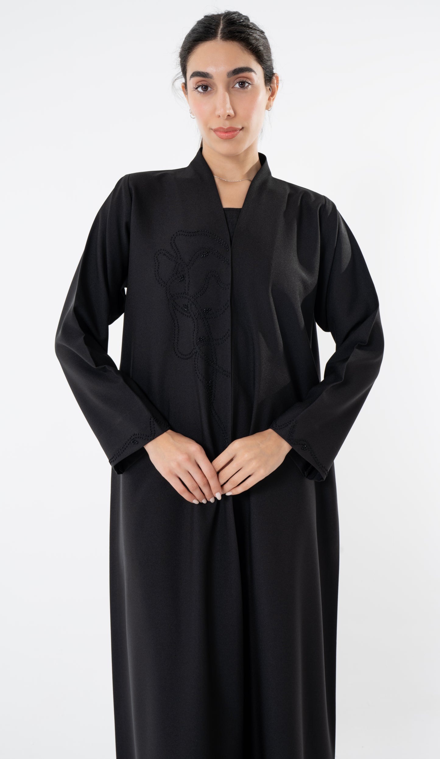 High Neck Abaya With Thread And Bead Detailing