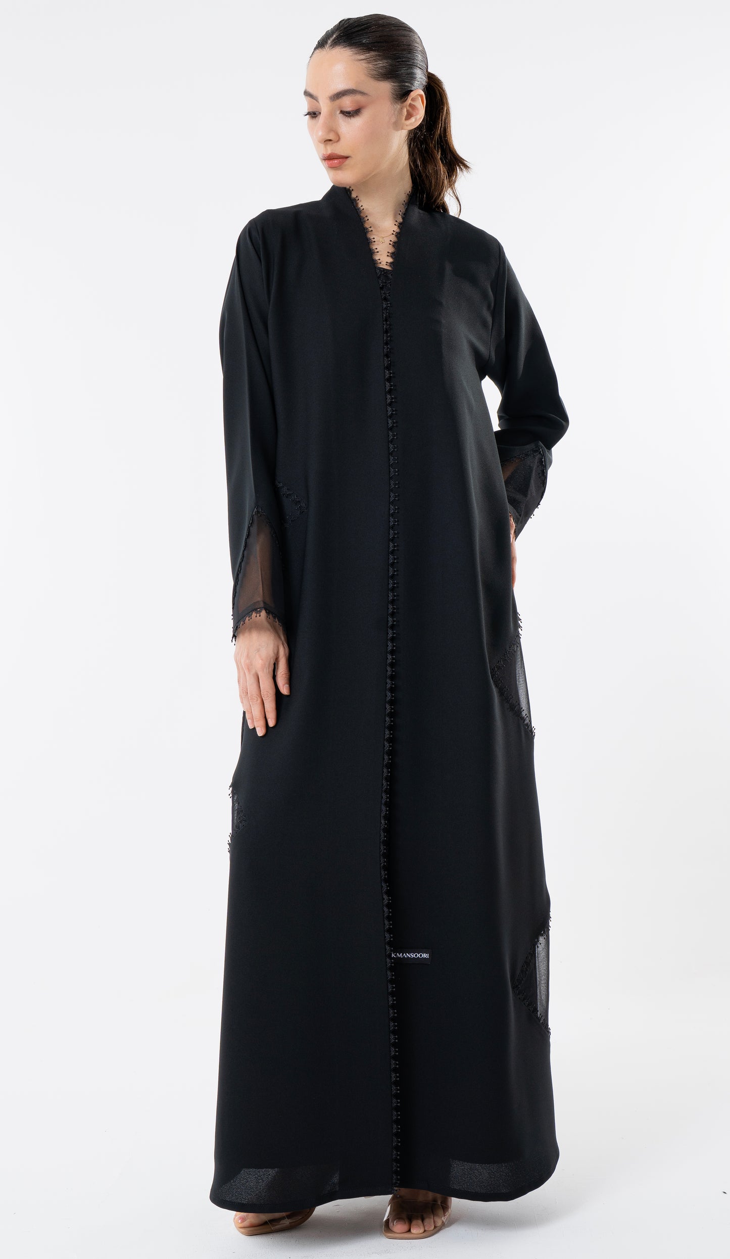 Black Cut Pattern Abaya With High Neck Detailing