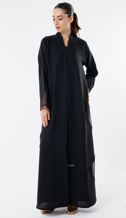 Black Cut Pattern Abaya With High Neck Detailing
