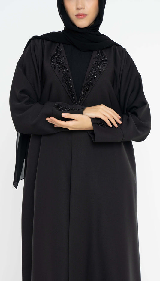 Collar Abaya With Black Handwork Detailing On Sleeves And Collar