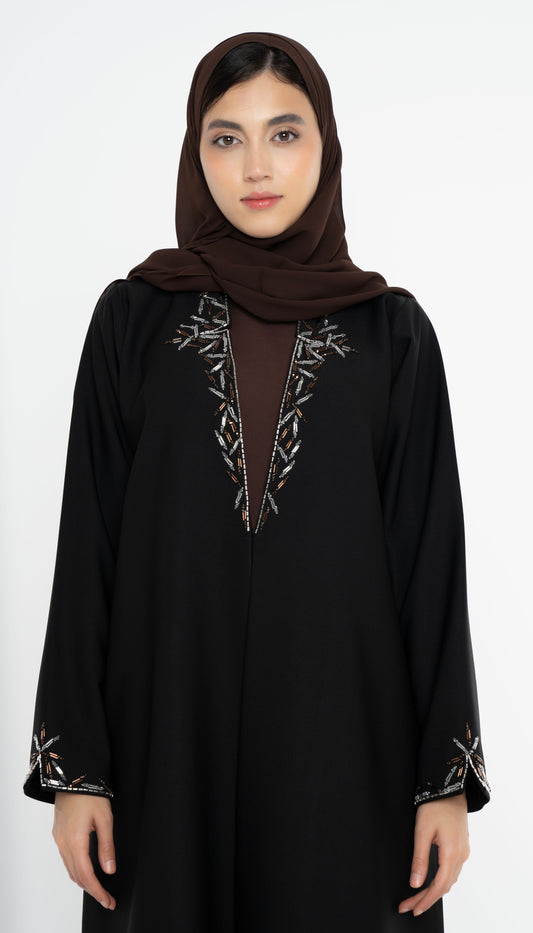 Black Colored Collared Style Abaya with Embellishments on Front and Sleeves