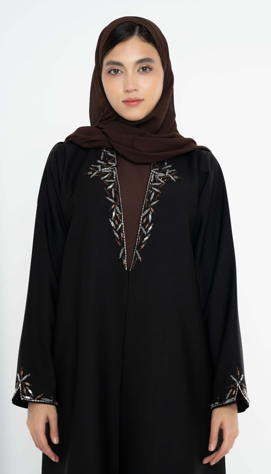 Black Collared Abaya with Embellished Front & Sleeves