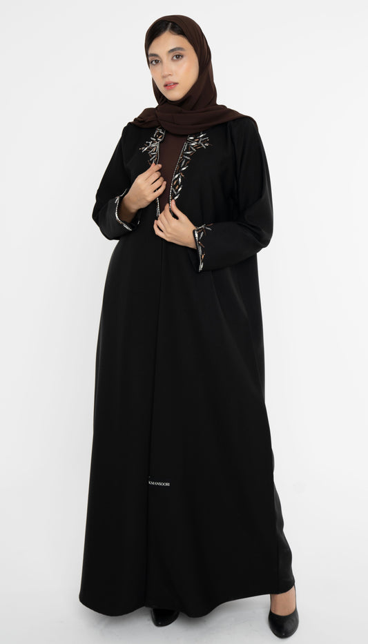 Black Colored Collared Style Abaya with Embellishments on Front and Sleeves