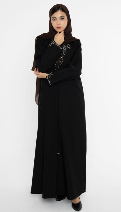 Black Colored Collared Style Abaya with Embellishments on Front and Sleeves