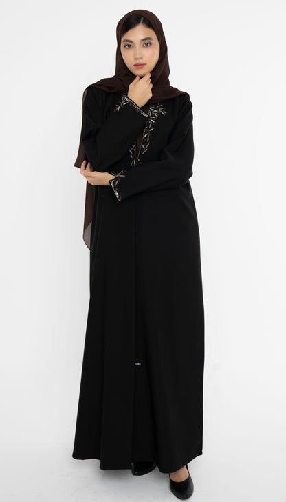 Black Colored Collared Style Abaya with Embellishments on Front and Sleeves