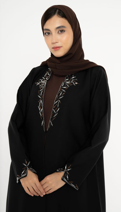 Black Colored Collared Style Abaya with Embellishments on Front and Sleeves