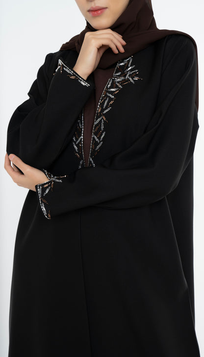 Black Colored Collared Style Abaya with Embellishments on Front and Sleeves