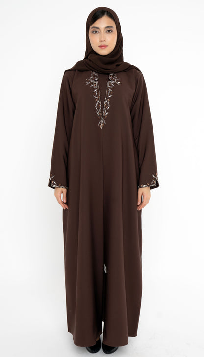 Dark Brown Collared Style Abaya with Embellishments on Front and Sleeves
