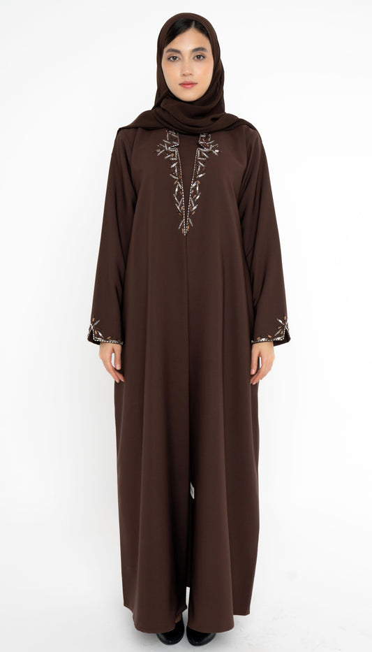 Dark Brown Collared Style Abaya with Embellishments on Front and Sleeves