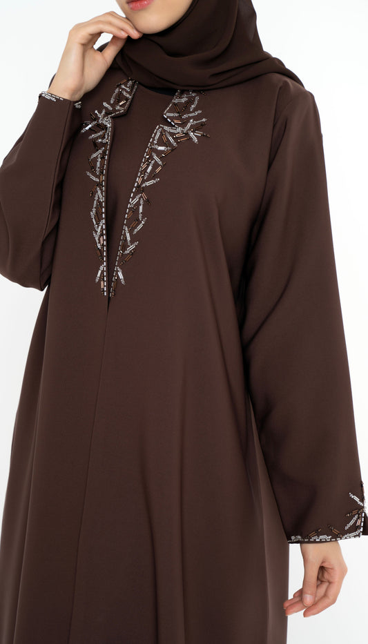 Dark Brown Collared Style Abaya with Embellishments on Front and Sleeves