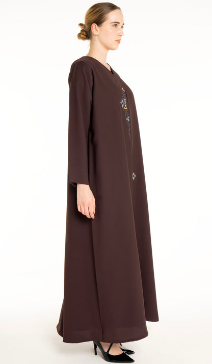 Abaya With Floral Thread & Bead Embroidery On Front Line