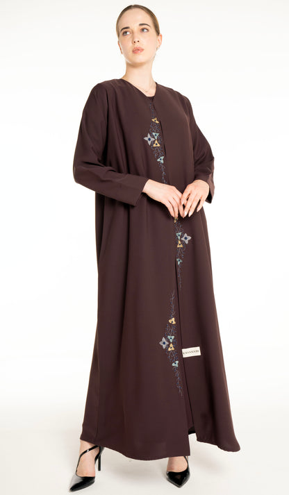 Abaya With Floral Thread & Bead Embroidery On Front Line