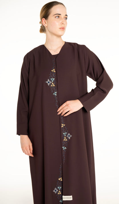Abaya With Floral Thread & Bead Embroidery On Front Line
