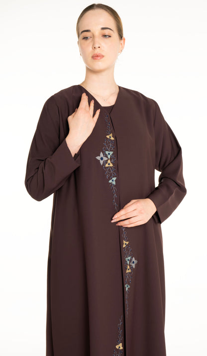 Abaya With Floral Thread & Bead Embroidery On Front Line