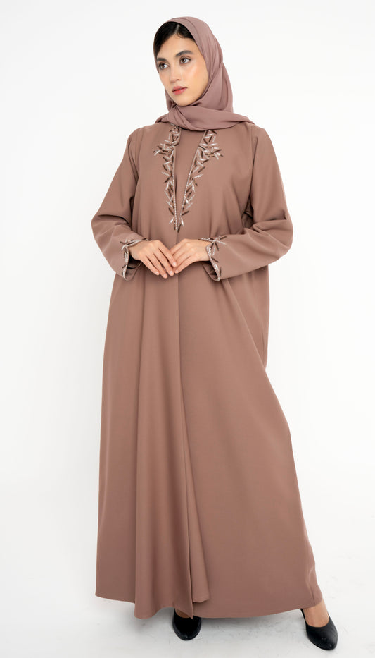 Light Brown Collared Style Abaya with Embellishments on Front and Sleeves