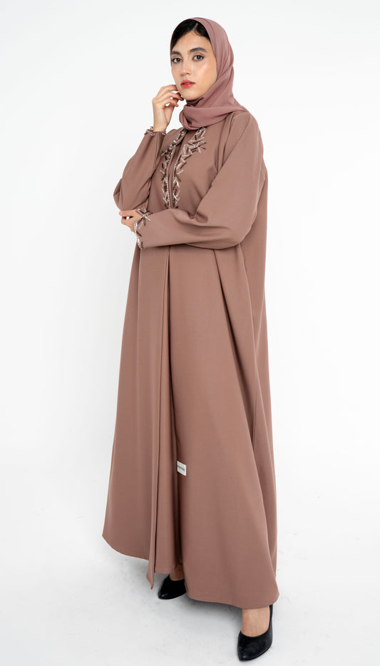 Light Brown Collared Style Abaya with Embellishments on Front and Sleeves
