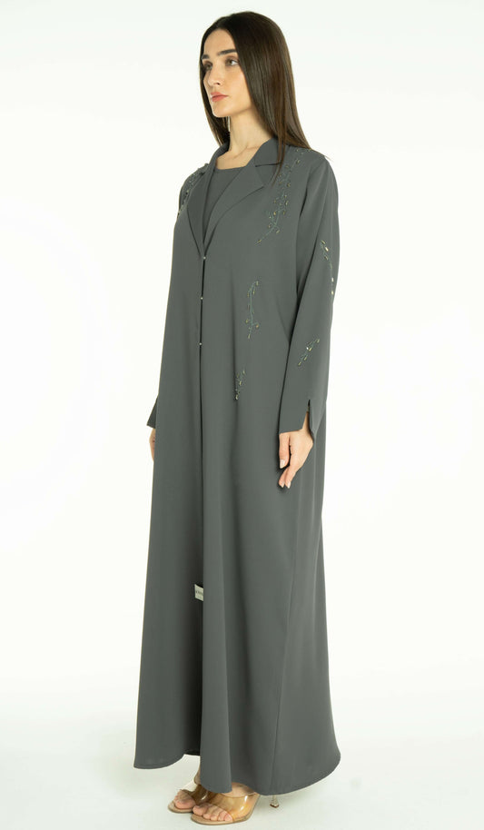 Stylish Collared Green Abaya With Bead Work Detailing