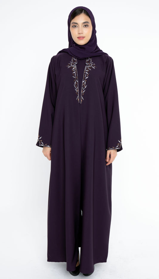 Purple Collared Style Abaya with Embellishments on Front and Sleeves