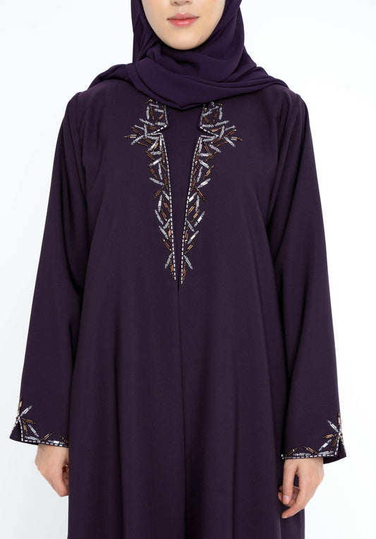 Purple Collared Style Abaya with Embellishments on Front and Sleeves