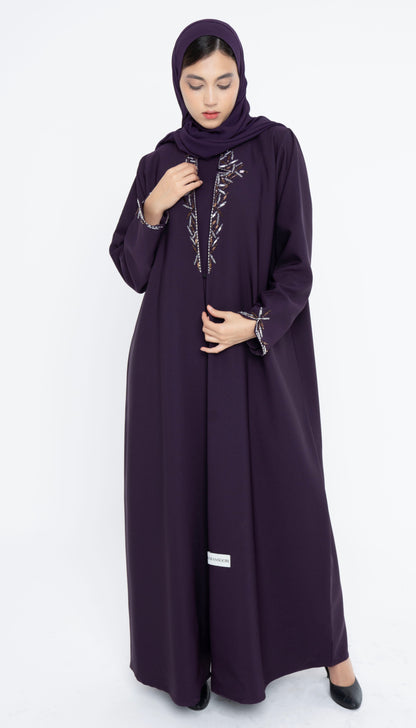 Purple Collared Style Abaya with Embellishments on Front and Sleeves