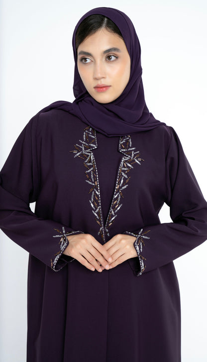 Purple Collared Style Abaya with Embellishments on Front and Sleeves