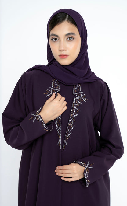 Purple Collared Style Abaya with Embellishments on Front and Sleeves