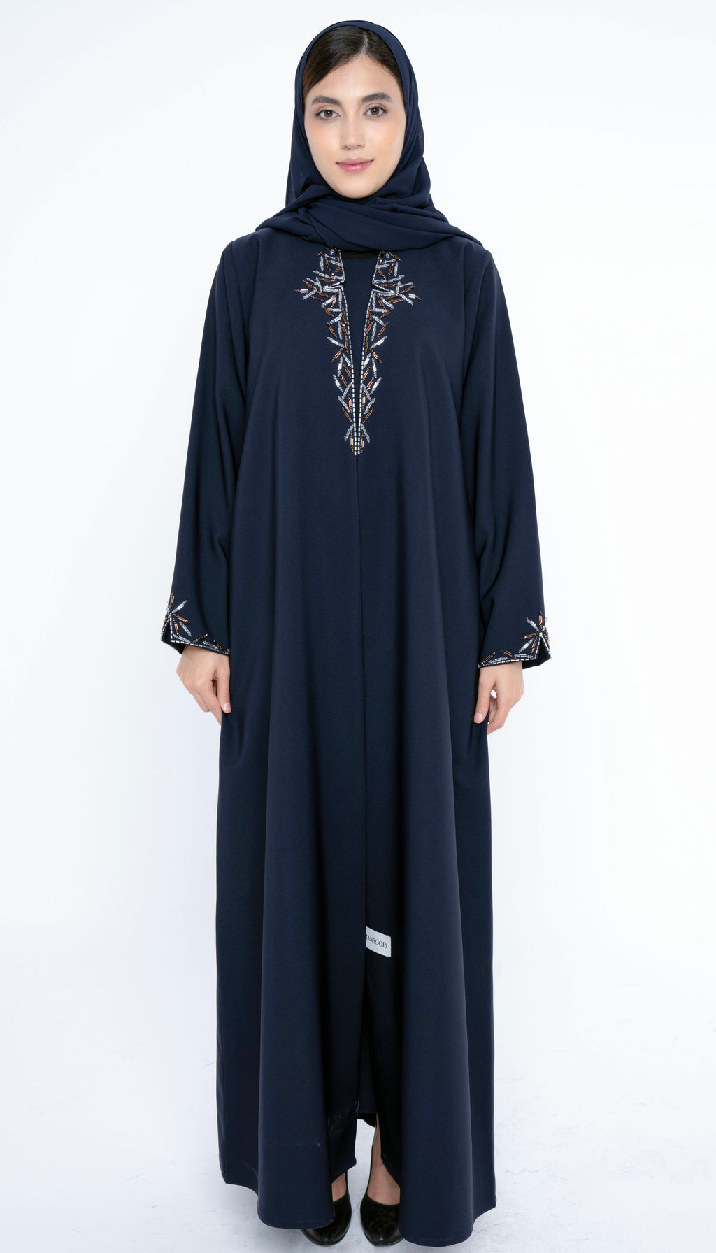 Blue Collared Style Abaya with Embellishments on Front and Sleeves