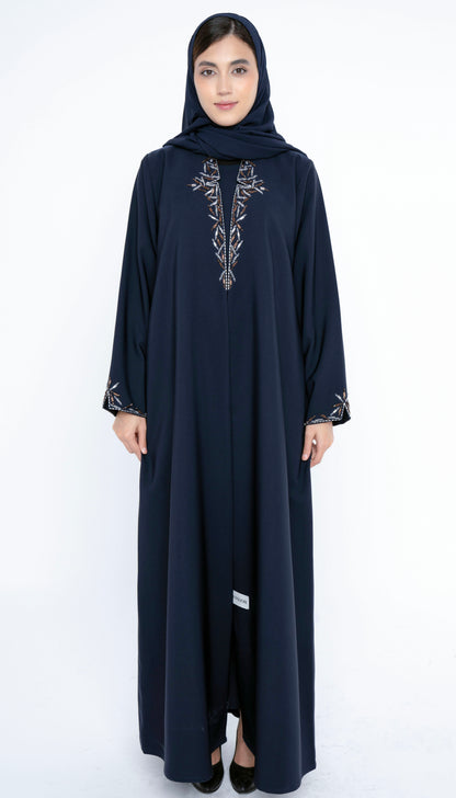 Blue Collared Style Abaya with Embellishments on Front and Sleeves
