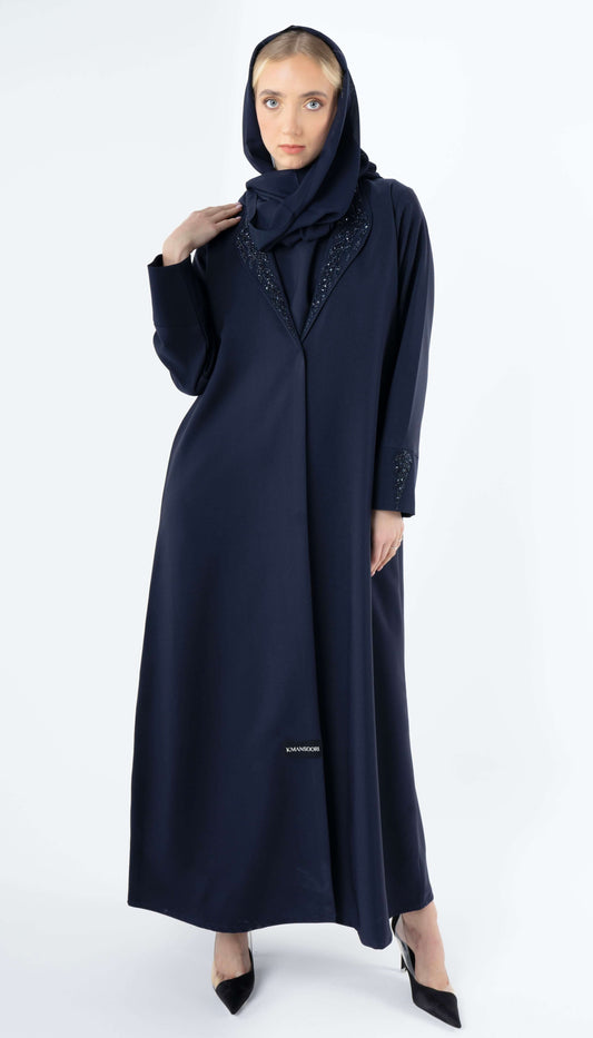 Blue Collar Abaya With Handwork Detailing On Sleeves And Collar