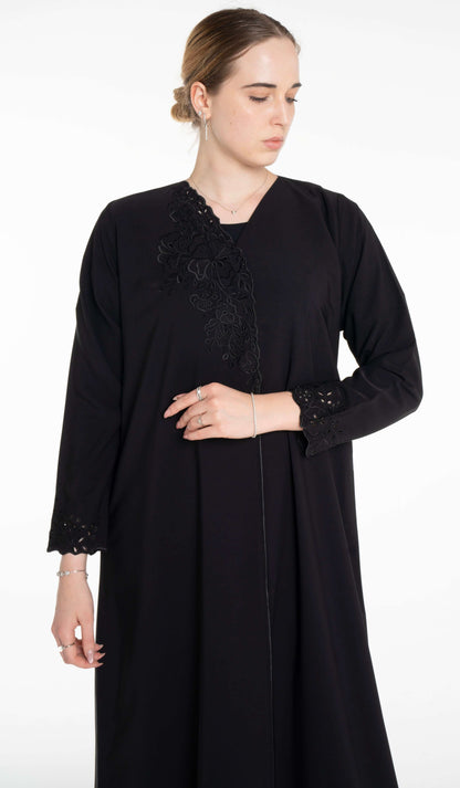 Floral Cutwork Abaya With Simple Bead Highlights