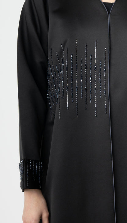 V-Neck Abaya With Bead Lines On Front And Sleeves