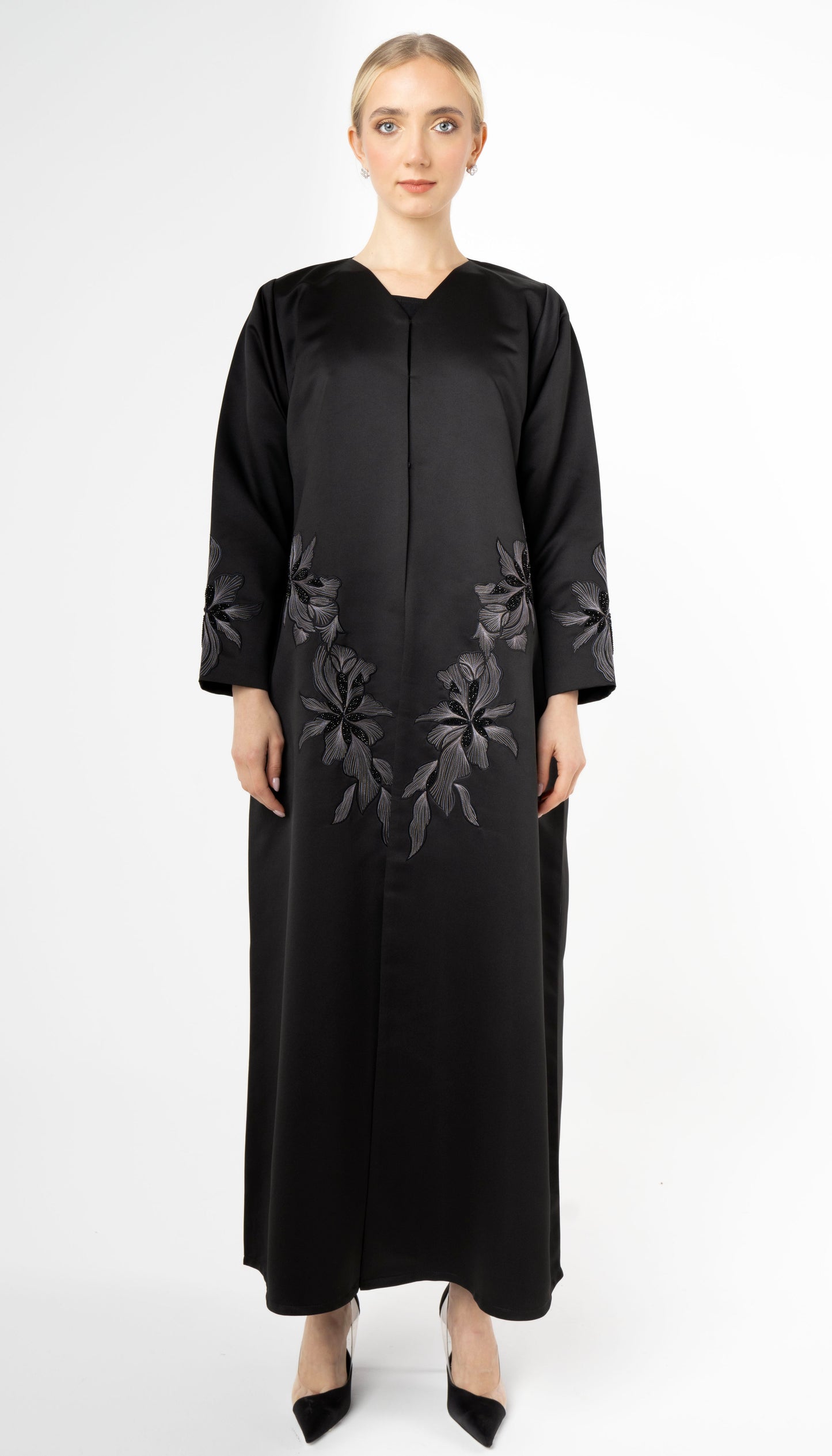 Black Abaya With Elegant Embroidery On Front And Sleeves