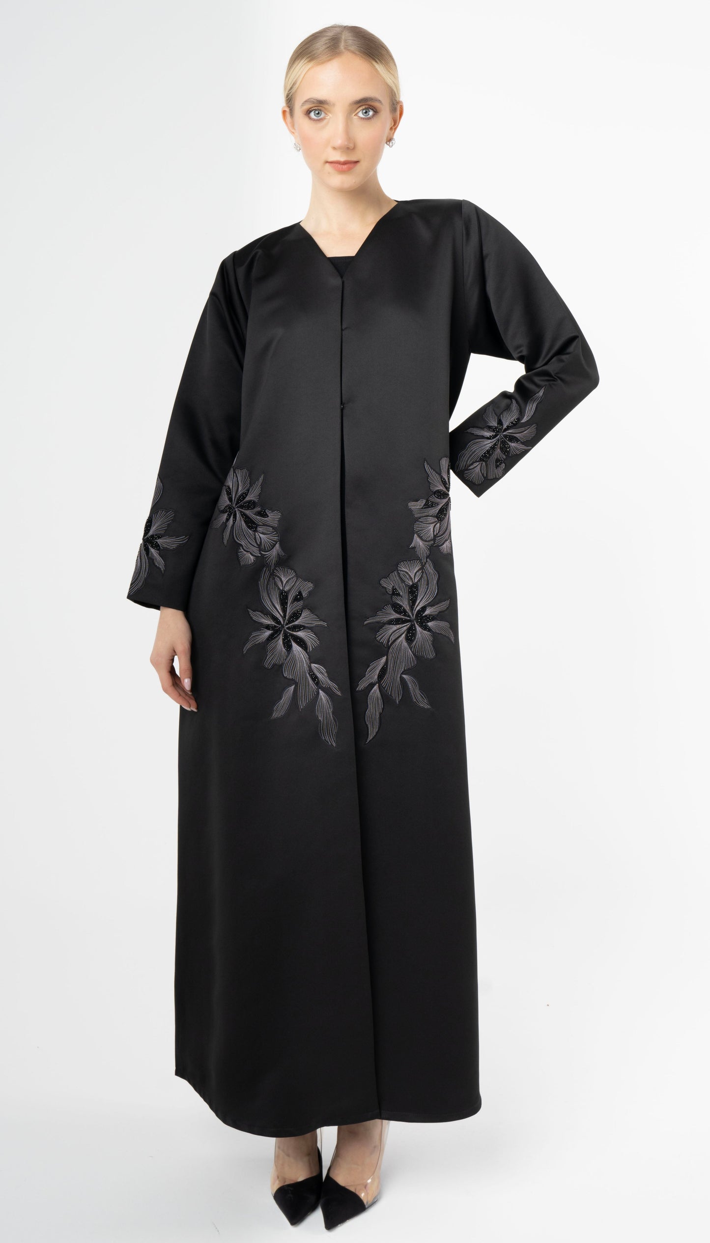 Black Abaya With Elegant Embroidery On Front And Sleeves