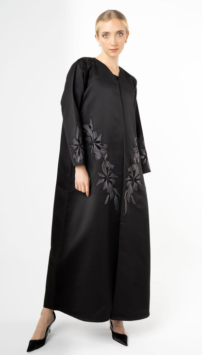 Black Abaya With Elegant Embroidery On Front And Sleeves